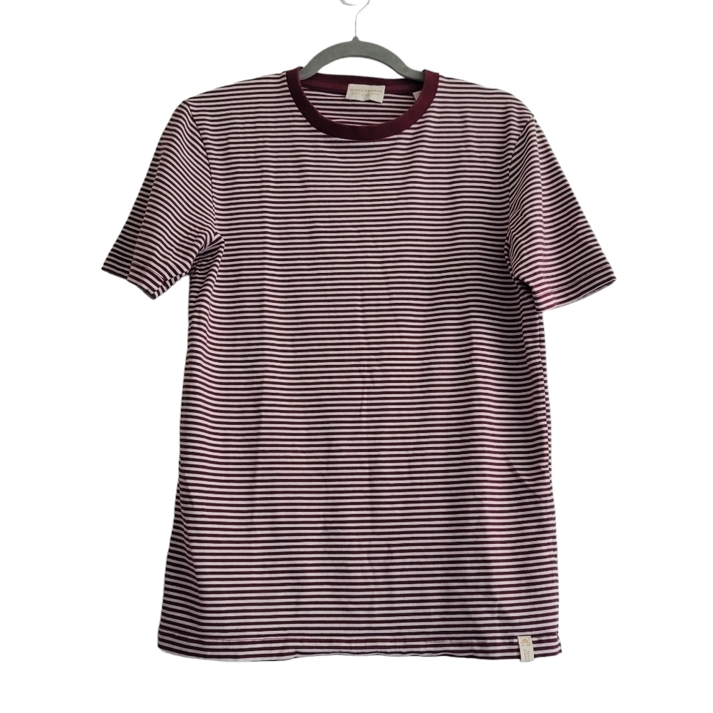 Scotch & Soda Men's Small Burgundy Striped Casual Short Sleeve Shirt